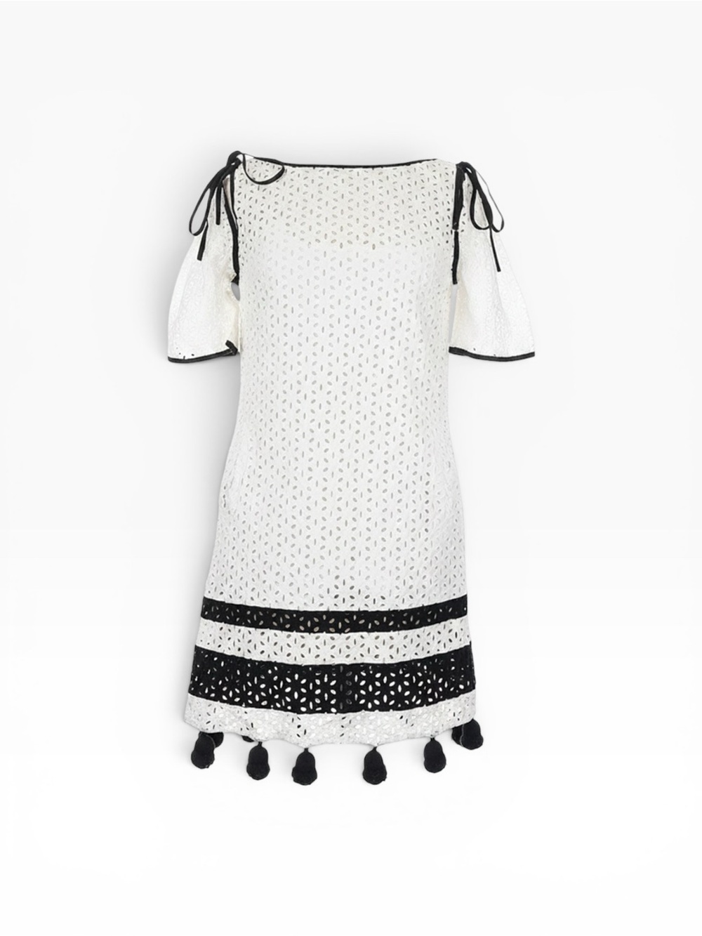 MONSE White Eyelet Mini Dress with Black Trim and Tassels